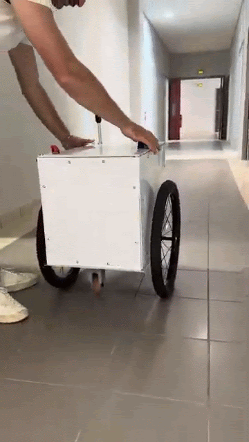 Stability test: the robot balances on two wheels in a corridor